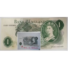 GREAT BRITAIN UK 1968 . ONE 1 POUND BANKNOTE . ERROR . WET INK TRANSFER